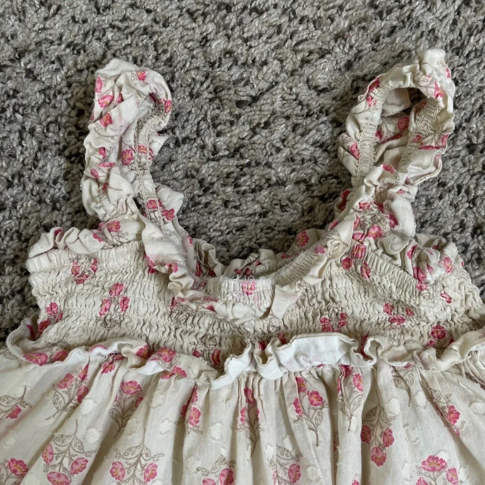 Happily Grey Girls Dress 3T Floral Ruffle Sleeveless Tiered Cotton‎ Beige Pink